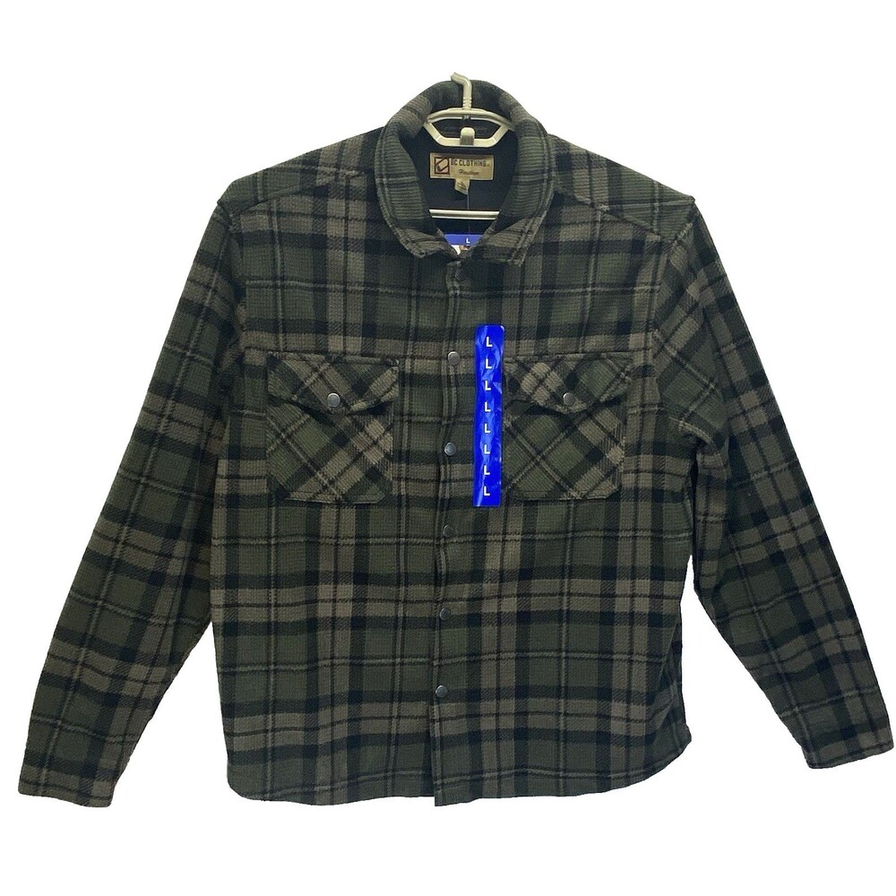 BC Clothing Men's L Green Tan Black Plaid Lined Poly Flannel Shirt/Jacket NEW